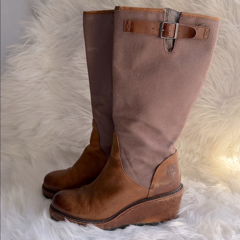 Sorel Cool Canvas Wedge Tall Knee Boots Waterproof Brown Leather & Khaki Canvas